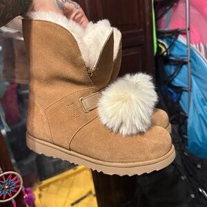UGG Tan Kids Boots with Cream Fur Pom